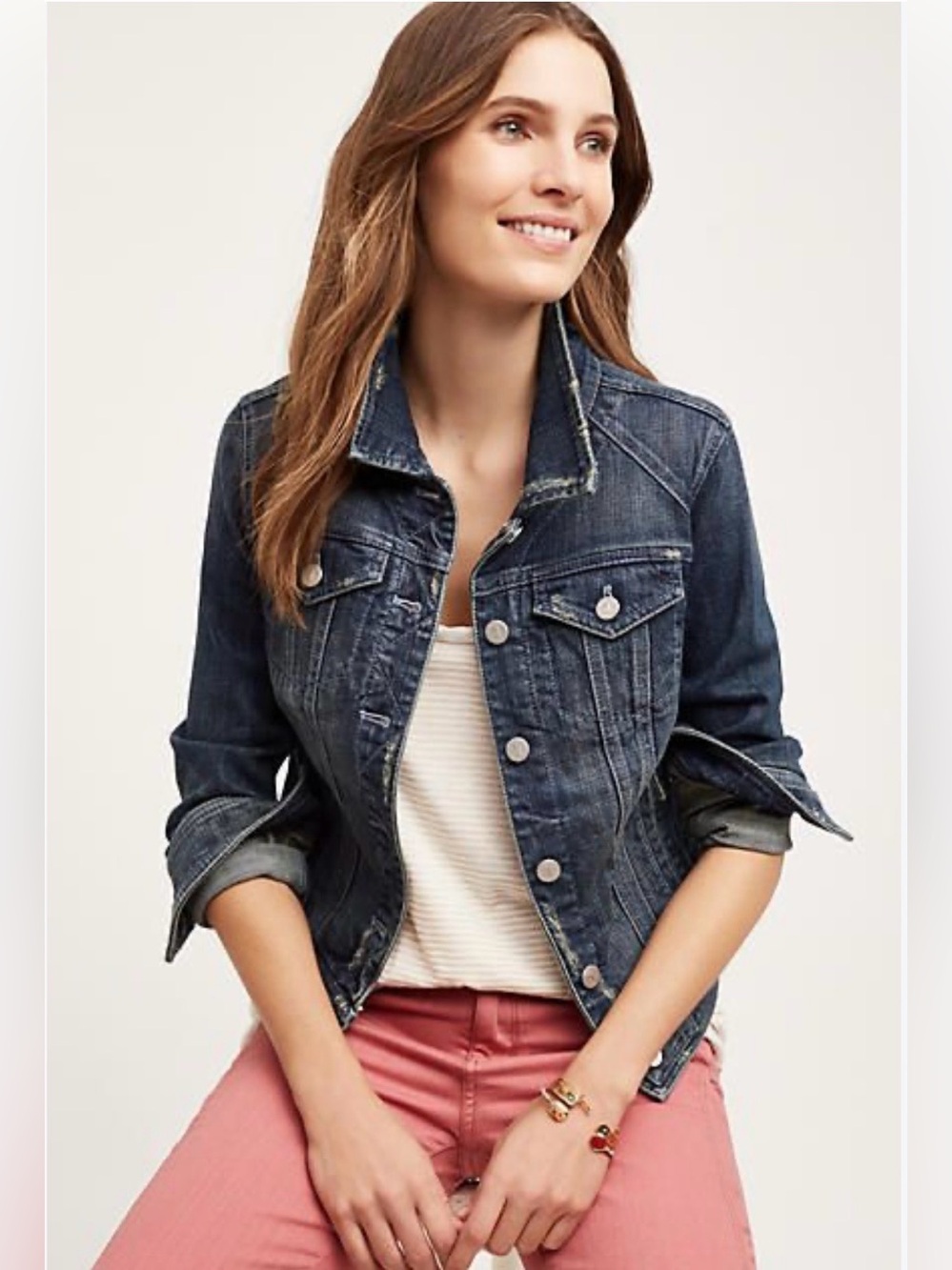 Anthropologie Pilcro the Letterpress Dark Blue Denim Trucker Jacket, Size L, EUC